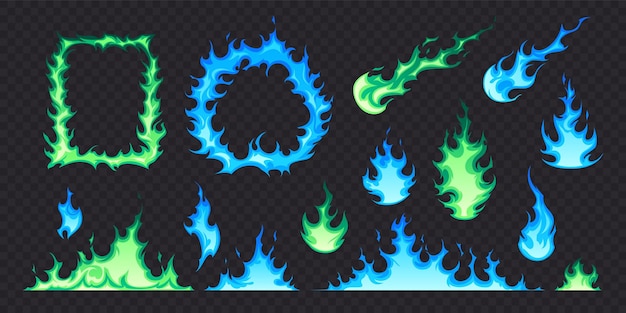 Conjunto plano de fuego con llamas verdes y azules de diferentes formas aisladas en la ilustración de vector de fondo transparente