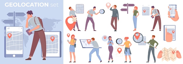 Conjunto plano de geolocalización con personas que usan mapas en línea y en papel ilustraciones vectoriales aisladas