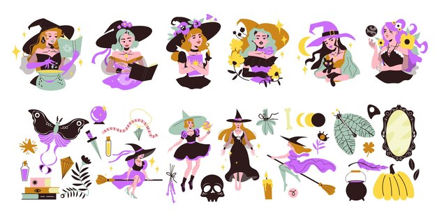 Conjunto plano de herramientas de brujería y jóvenes brujas hermosas leyendo libros mágicos haciendo pociones volando en escoba ilustración vectorial aislada
