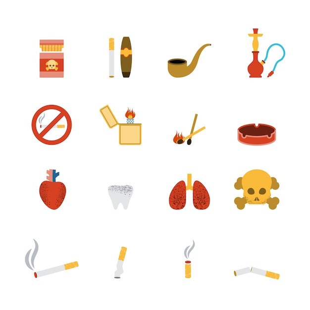 Conjunto plano de icono de fumar