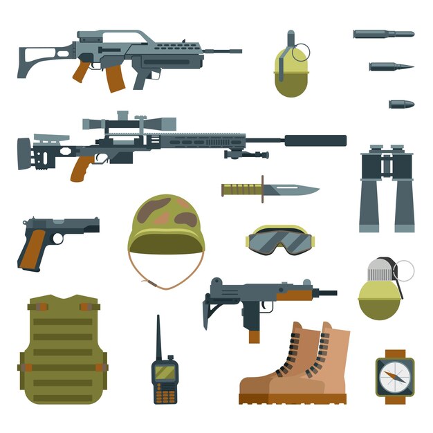 Conjunto plano de iconos de armas y armaduras militares. Arma automática y gafas protectoras, casco de granada de ilustración y arma de francotirador