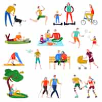 Vector gratuito conjunto plano de iconos de colores con personas que descansan haciendo deportes jugando en el parque aislado en blanco ilustración