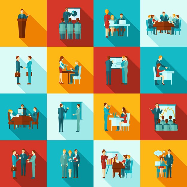 Conjunto plano de iconos de formación empresarial
