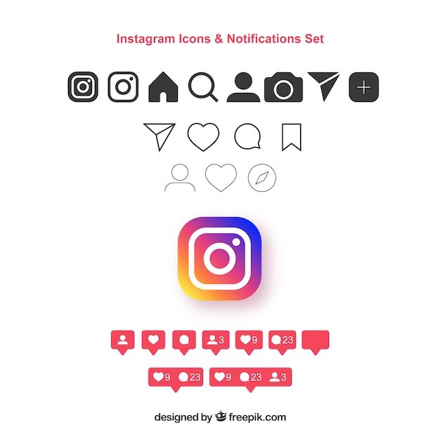 Vector gratuito conjunto plano de iconos y notificaciones de instagram