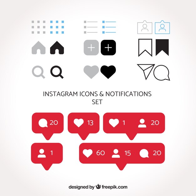 Conjunto plano de iconos y notificaciones de instagram