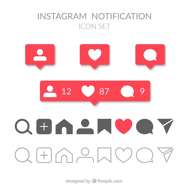 Vector gratuito conjunto plano de iconos y notificaciones de instagram