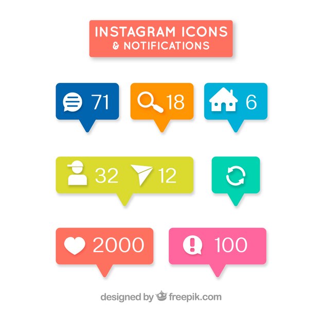 Conjunto plano de iconos y notificaciones de instagram
