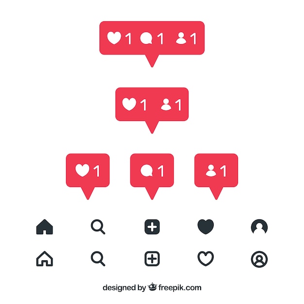 Conjunto plano de iconos y notificaciones de instagram