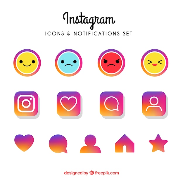 Vector gratuito conjunto plano de iconos y notificaciones de instagram