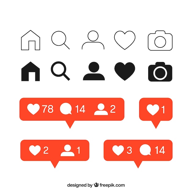 Conjunto plano de iconos y notificaciones de instagram