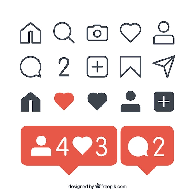 Vector gratuito conjunto plano de iconos y notificaciones de instagram