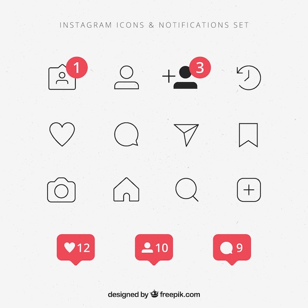 Vector gratuito conjunto plano de iconos y notificaciones de instagram