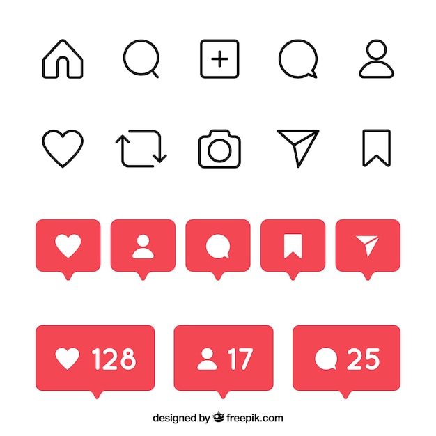 Vector gratuito conjunto plano de iconos y notificaciones de instagram