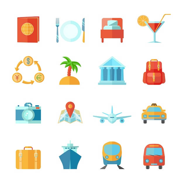 Vector gratuito conjunto plano de iconos de viaje