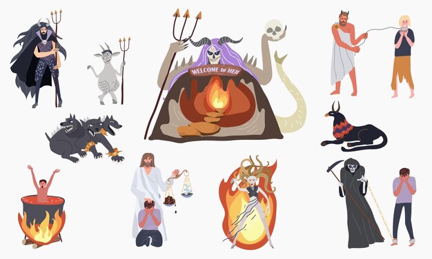 Conjunto plano del inframundo del infierno de íconos aislados con demonios de estilo de dibujos animados sosteniendo tridentes con ilustración de vector de fuego ardiente