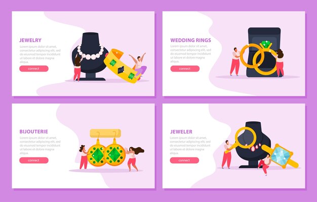 Conjunto plano de joyería de banners horizontales.