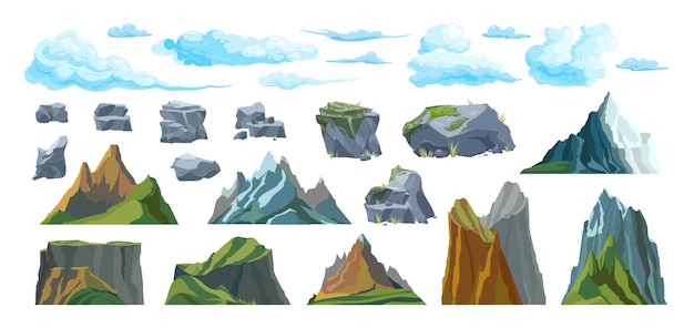 Conjunto plano de montañas aisladas nubes y piedras de diferente tamaño y forma ilustración vectorial