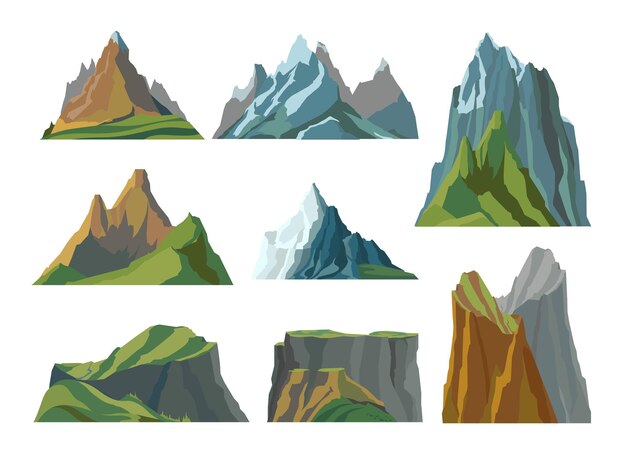 Conjunto plano de montañas con rocas de diferente forma y altura aisladas en la ilustración de vector de fondo blanco