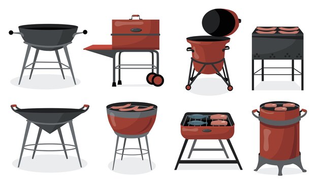 Conjunto plano de muchas parrillas de barbacoa