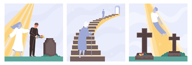 Conjunto plano de muerte de vida futura de tres composiciones cuadradas con escalera de cruces graves en el cielo y almas ilustración vectorial