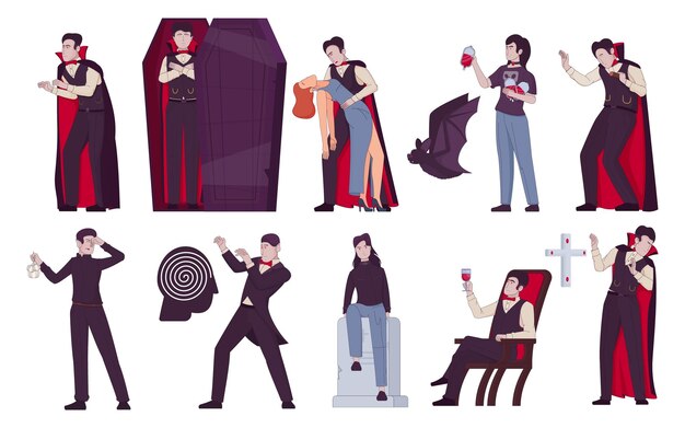 Conjunto plano de murciélago vampiro de íconos aislados con personajes de hombres no muertos bebiendo sangre cazando presas ilustración vectorial
