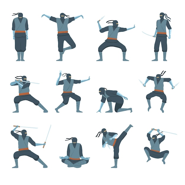 Vector gratuito conjunto plano ninja con personajes humanos masculinos de guerreros con armas en varias poses aisladas contra la ilustración de vector de fondo blanco