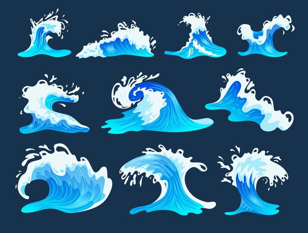 Conjunto plano de olas marinas o oceánicas aisladas en la ilustración de vector de fondo azul oscuro
