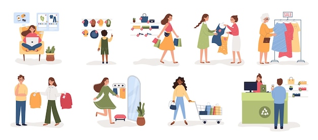 Conjunto plano de personas de compras con composiciones aisladas de personajes humanos recién comprados, ropa y bolsos, ilustración vectorial