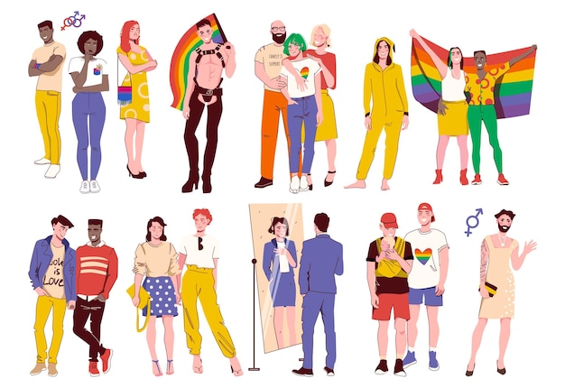 Vector gratuito conjunto plano de personas de la comunidad lgbt de hombres y mujeres sonrientes ilustraciones vectoriales aisladas