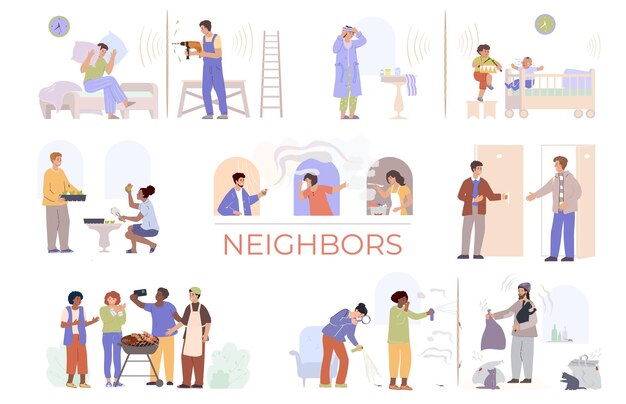 Conjunto plano de personas vecinas de composiciones aisladas con personajes humanos de estilo garabato de personas al lado ilustración vectorial