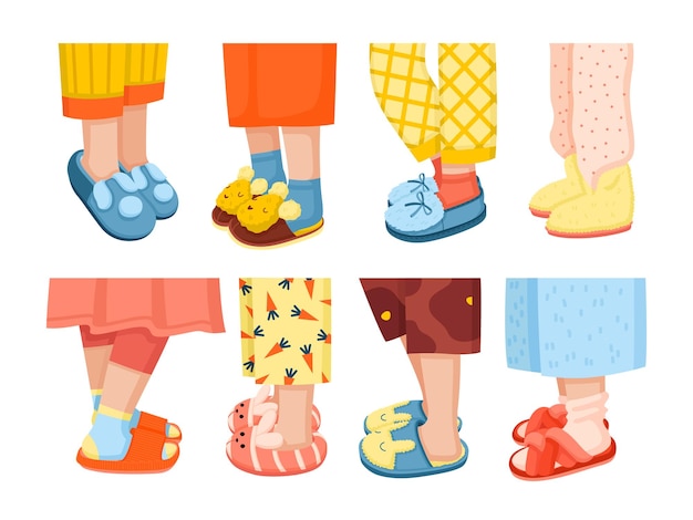 Vector gratuito conjunto plano de piernas humanas con coloridas pantuflas suaves y pijamas ilustraciones vectoriales aisladas