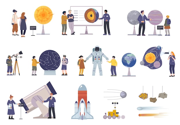 Vector gratuito conjunto plano de planetario con íconos aislados y composiciones de personajes visitantes telescopios exhibiciones de museos y excursiones ilustración vectorial