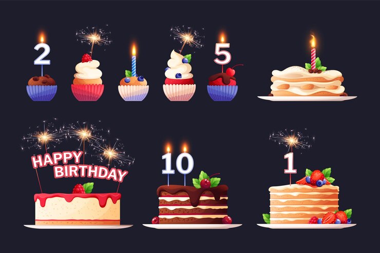 Vector gratuito conjunto plano de postres de tortas de cumpleaños y cupcakes con varios ingredientes velas luces de bengala aisladas en la ilustración de vector de fondo negro