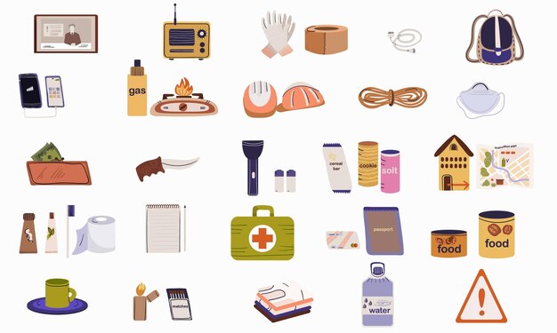 Conjunto plano de prevención de desastres con íconos aislados de suministros médicos ayuda con el hogar y señales de advertencia ilustración vectorial