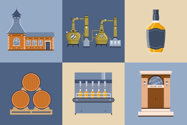 Conjunto plano de producción de whisky con composiciones aisladas de barriles de tanques de construcción de fábrica vintage e ilustración de vector de escaparate de pub