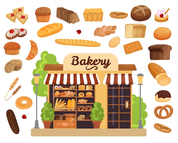 Vector gratuito conjunto plano de productos de panadería