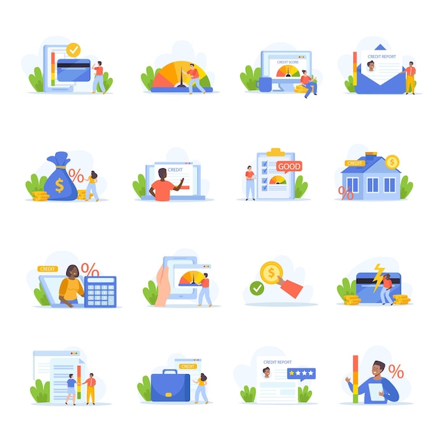 Conjunto plano de puntuación de crédito de iconos aislados con símbolos financieros burbujas de chat documentos bancarios y personas ilustración vectorial