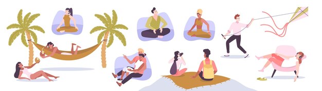 Conjunto plano de relajación de personas que tienen vacaciones de verano en la costa del océano ilustración vectorial aislada