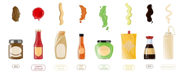 Vector gratuito conjunto plano de salsas de envases aislados y tiras contra la ilustración de vector de fondo blanco