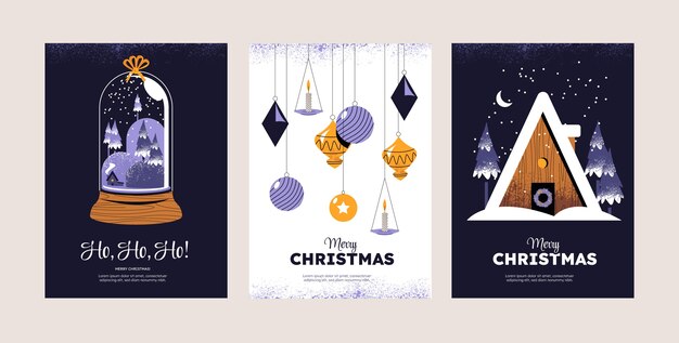Conjunto plano de tarjetas de felicitación de feliz navidad