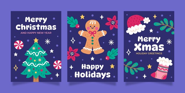 Conjunto plano de tarjetas de felicitación de feliz navidad