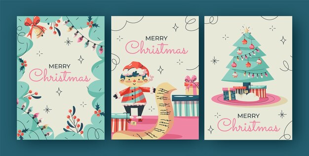 Conjunto plano de tarjetas de felicitación de feliz navidad