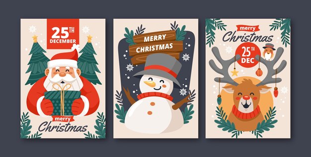 Conjunto plano de tarjetas de felicitación de feliz navidad