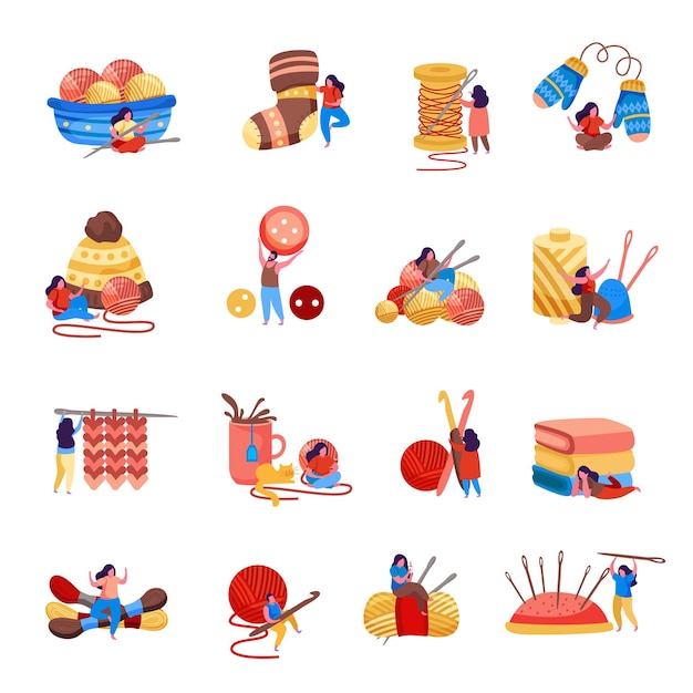 Conjunto plano de tejer de iconos aislados con botones de ovillos y géneros de punto con pequeños personajes humanos de garabato ilustración vectorial