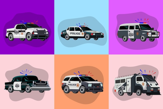 Vector gratuito conjunto plano de transporte policial con seis composiciones cuadradas e imágenes estilo garabato de vehículos de servicio especial ilustración vectorial