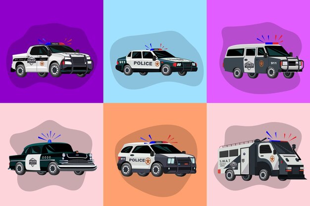 Conjunto plano de transporte policial con seis composiciones cuadradas e imágenes estilo garabato de vehículos de servicio especial ilustración vectorial
