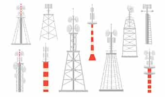 Vector gratuito conjunto plano de varias torres de radio.