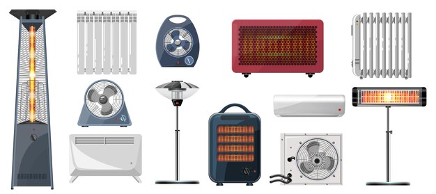 Conjunto plano de varios aparatos de calefacción con radiador de ventilador eléctrico acondicionador de calentador infrarrojo aislado en ilustración de vector de fondo blanco