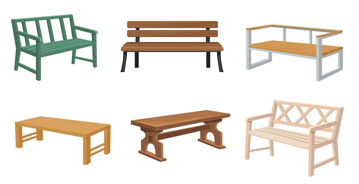 Vector gratuito conjunto plano de varios bancos de madera para jardín y ciudad.