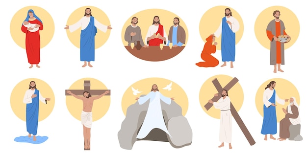 Vector gratuito conjunto plano de la vida de jesucristo aislado en la ilustración de vector de fondo blanco